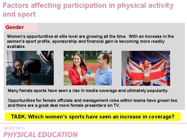 Factors affecting participation in physical activity and sport Gender Women’s opportunities at elite level