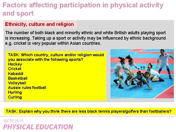 Factors affecting participation in physical activity and sport Ethnicity, culture and religion The number