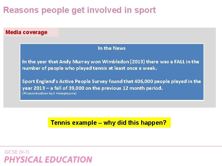 Reasons people get involved in sport Media coverage In the News In the year