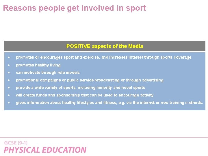 Reasons people get involved in sport POSITIVE aspects of the Media promotes or encourages