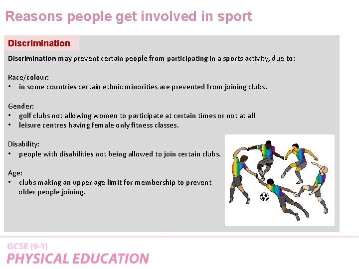 Reasons people get involved in sport Discrimination may prevent certain people from participating in