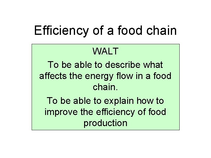 Efficiency of a food chain WALT To be able to describe what affects the