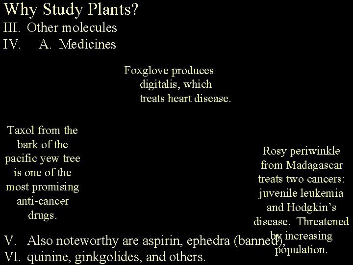 Why Study Plants? III. Other molecules IV. A. Medicines Foxglove produces digitalis, which treats
