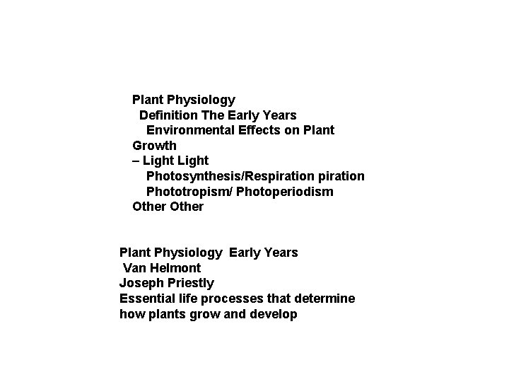 Plant Physiology Definition The Early Years Environmental Effects on Plant Growth – Light Photosynthesis/Respiration
