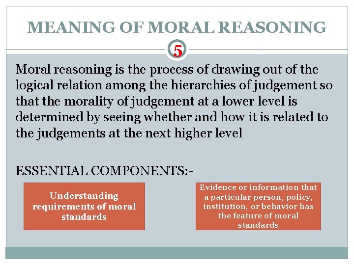 MEANING OF MORAL REASONING 5 Moral reasoning is the process of drawing out of