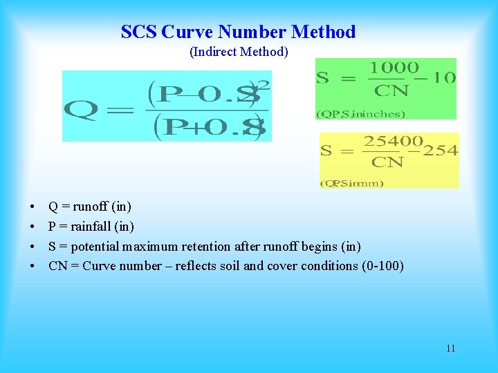 SCS Curve Number Method (Indirect Method) • • Q = runoff (in) P =