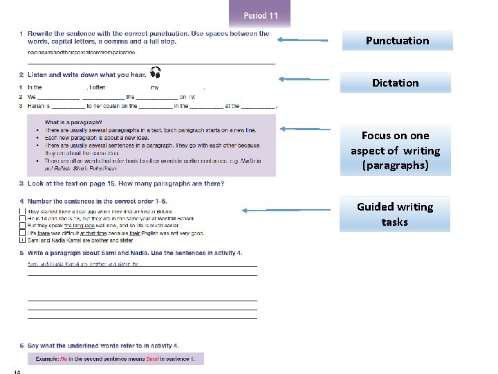 Punctuation Dictation Focus on one aspect of writing (paragraphs) Guided writing tasks 