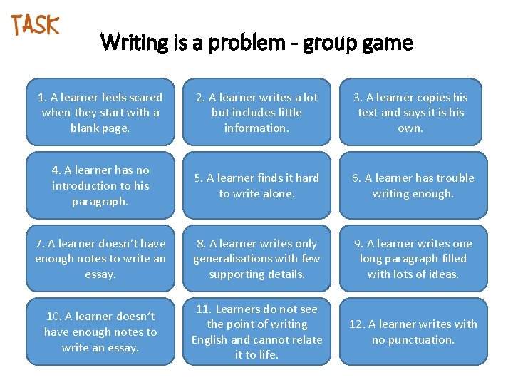 Writing is a problem - group game 1. A learner feels scared when they