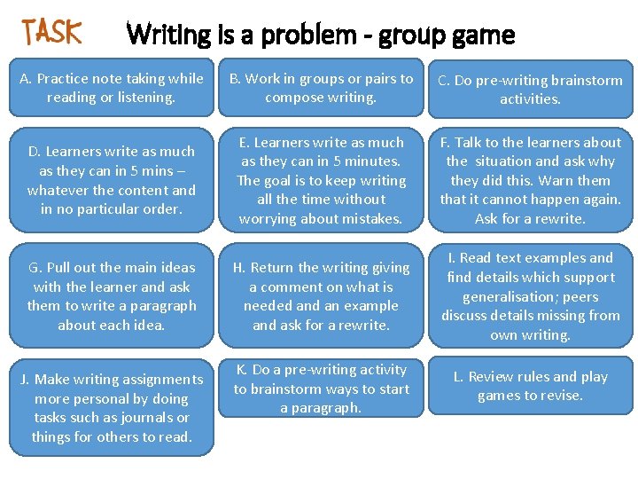 Writing is a problem - group game A. Practice note taking while reading or