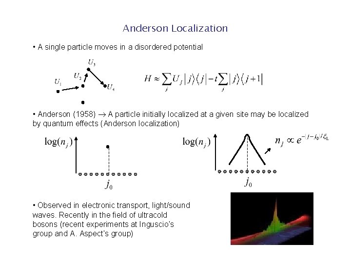 Anderson Localization • A single particle moves in a disordered potential • Anderson (1958) Anderson Localization • A single particle moves in a disordered potential • Anderson (1958)