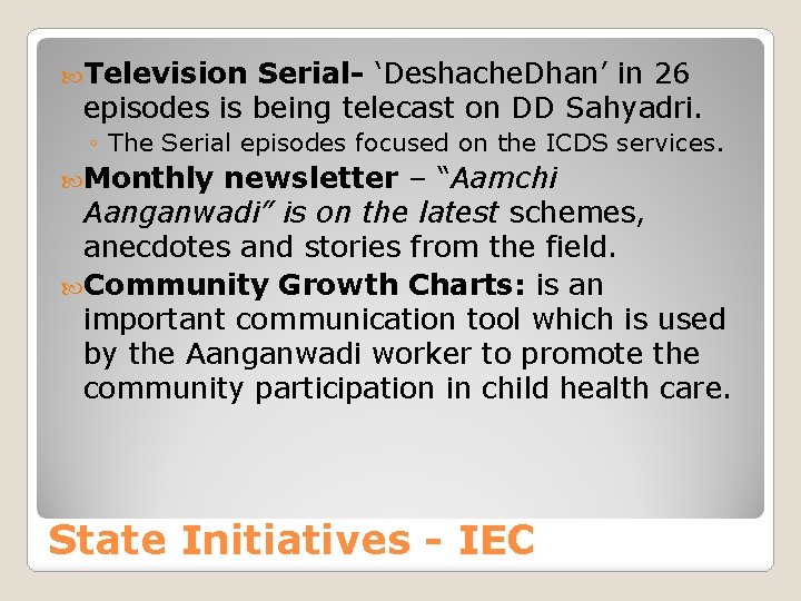  Television Serial- ‘Deshache. Dhan’ in 26 episodes is being telecast on DD Sahyadri.