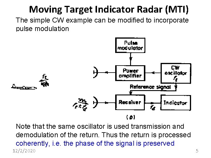 Moving Target Indicator Radar (MTI) The simple CW example can be modified to incorporate