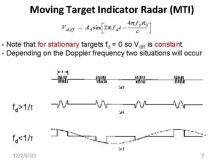 Moving Target Indicator Radar (MTI) - Note that for stationary targets fd = 0