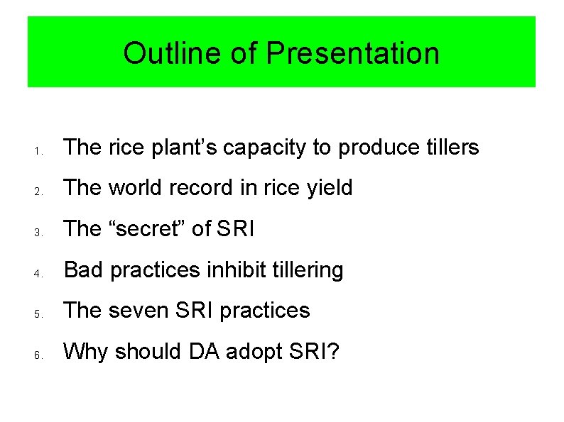 Outline of Presentation 1. The rice plant’s capacity to produce tillers 2. The world