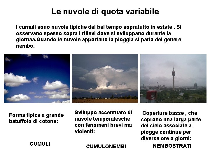 Le nuvole di quota variabile I cumuli sono nuvole tipiche del bel tempo sopratutto