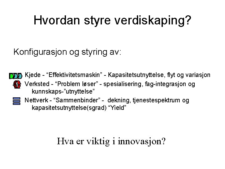 Hvordan styre verdiskaping? Konfigurasjon og styring av: Kjede - “Effektivitetsmaskin” - Kapasitetsutnyttelse, flyt og