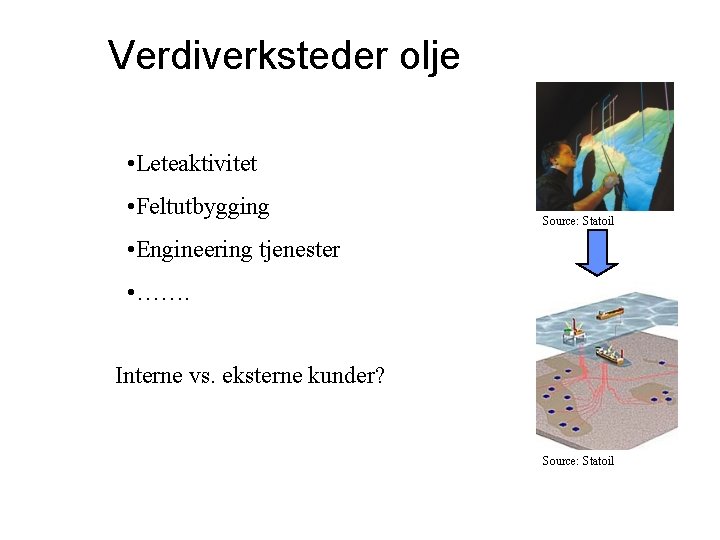 Verdiverksteder olje • Leteaktivitet • Feltutbygging Source: Statoil • Engineering tjenester • ……. Interne