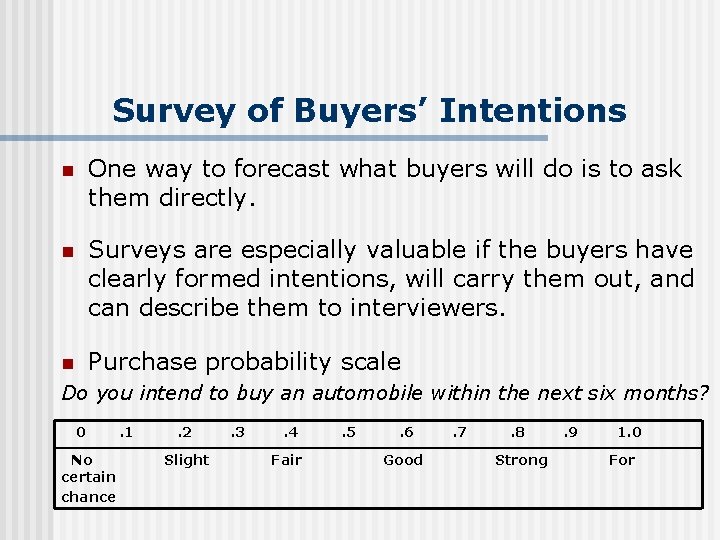 Survey of Buyers’ Intentions n One way to forecast what buyers will do is