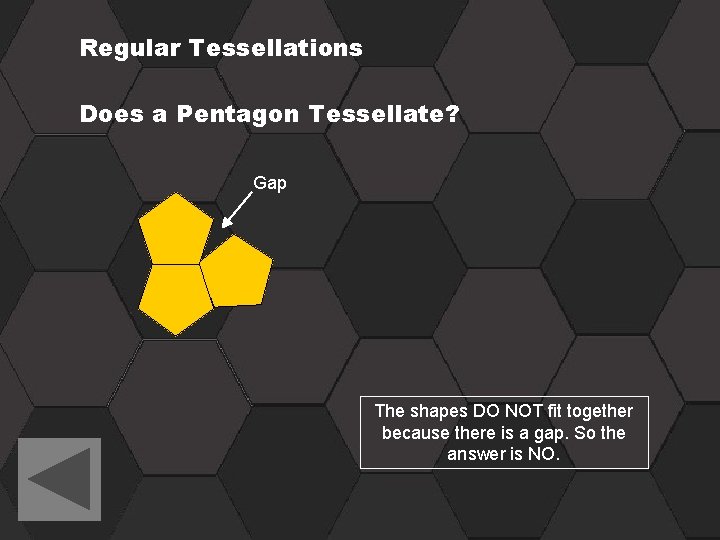 Regular Tessellations Does a Pentagon Tessellate? Gap The shapes DO NOT fit together because