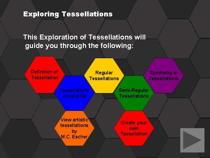 Exploring Tessellations This Exploration of Tessellations will guide you through the following: Definition of