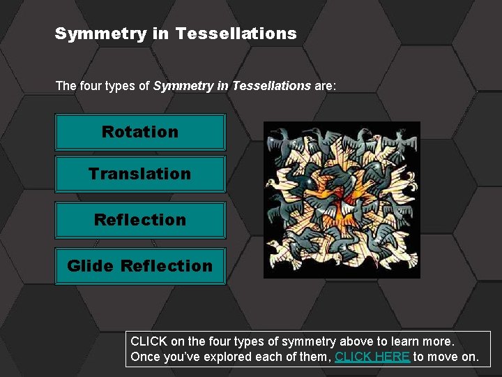 Symmetry in Tessellations The four types of Symmetry in Tessellations are: Rotation Translation Reflection