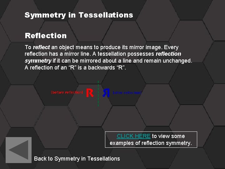 Symmetry in Tessellations Reflection To reflect an object means to produce its mirror image.