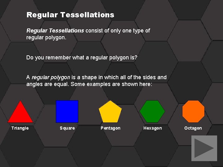 Regular Tessellations consist of only one type of regular polygon. Do you remember what