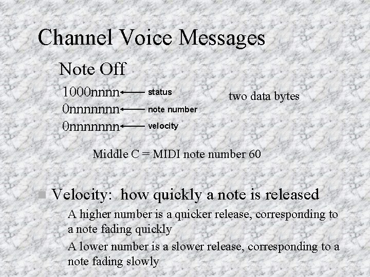Channel Voice Messages Note Off 1000 nnnnnnn status two data bytes note number velocity