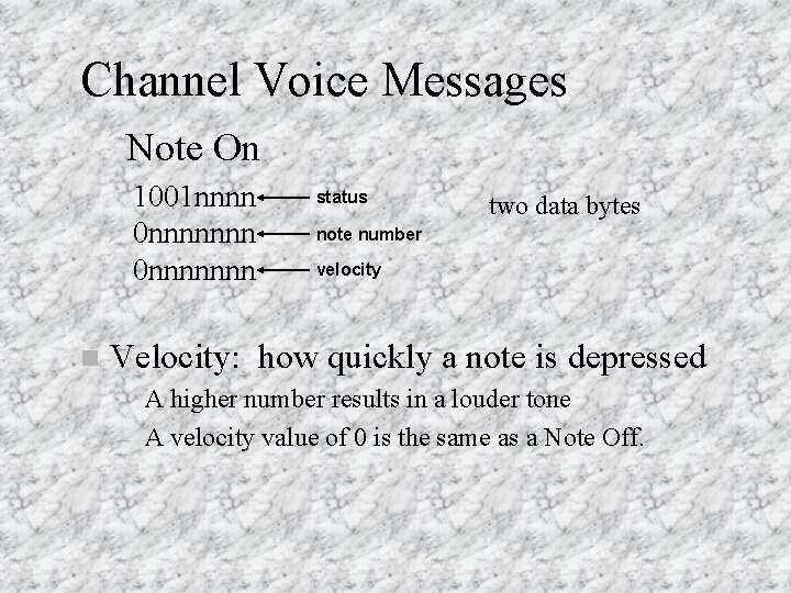 Channel Voice Messages Note On 1001 nnnn 0 nnnnnnn n status two data bytes