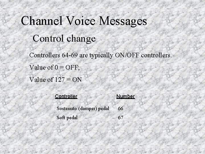 Channel Voice Messages Control change Controllers 64 -69 are typically ON/OFF controllers. Value of