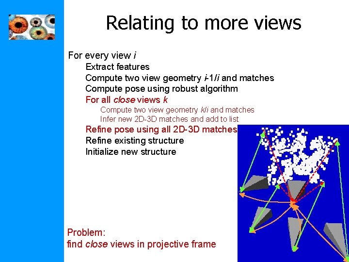 Relating to more views For every view i Extract features Compute two view geometry Relating to more views For every view i Extract features Compute two view geometry
