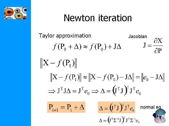 Newton iteration Taylor approximation Jacobian normal eq. Newton iteration Taylor approximation Jacobian normal eq.