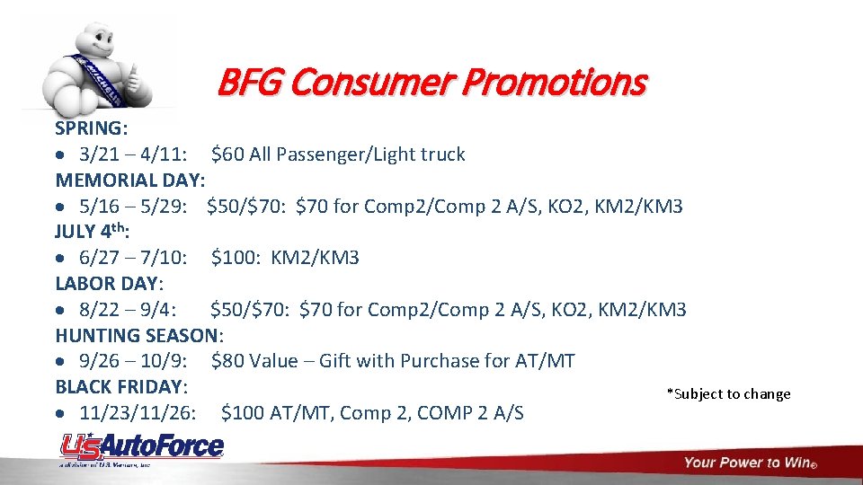  BFG Consumer Promotions SPRING: 3/21 – 4/11: $60 All Passenger/Light truck MEMORIAL DAY: