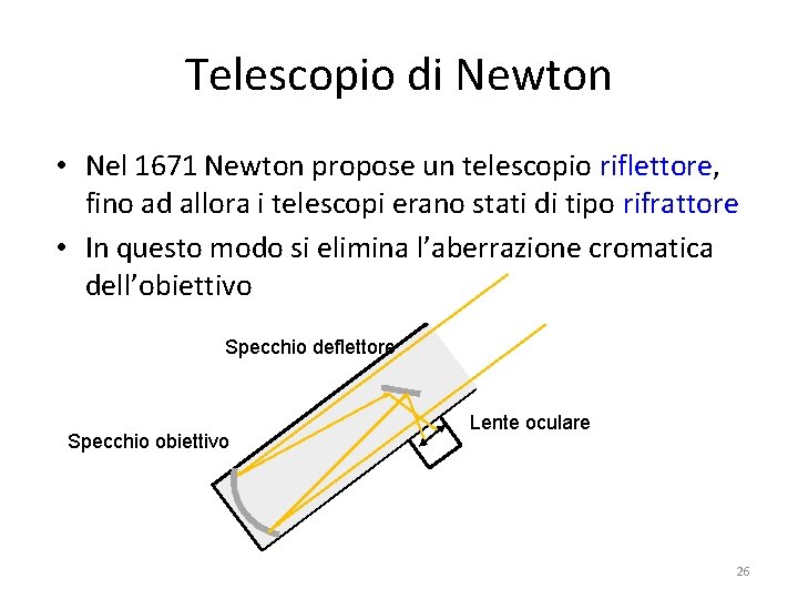 Telescopio di Newton • Nel 1671 Newton propose un telescopio riflettore, fino ad allora