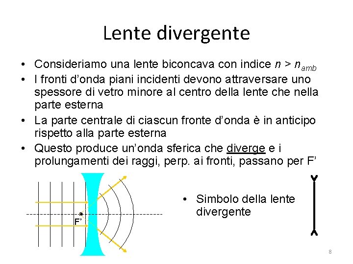 Lente divergente • Consideriamo una lente biconcava con indice n > namb • I