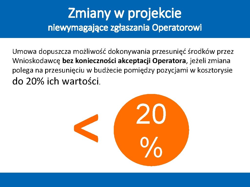 Zmiany w projekcie niewymagające zgłaszania Operatorowi Umowa dopuszcza możliwość dokonywania przesunięć środków przez Wnioskodawcę Zmiany w projekcie niewymagające zgłaszania Operatorowi Umowa dopuszcza możliwość dokonywania przesunięć środków przez Wnioskodawcę