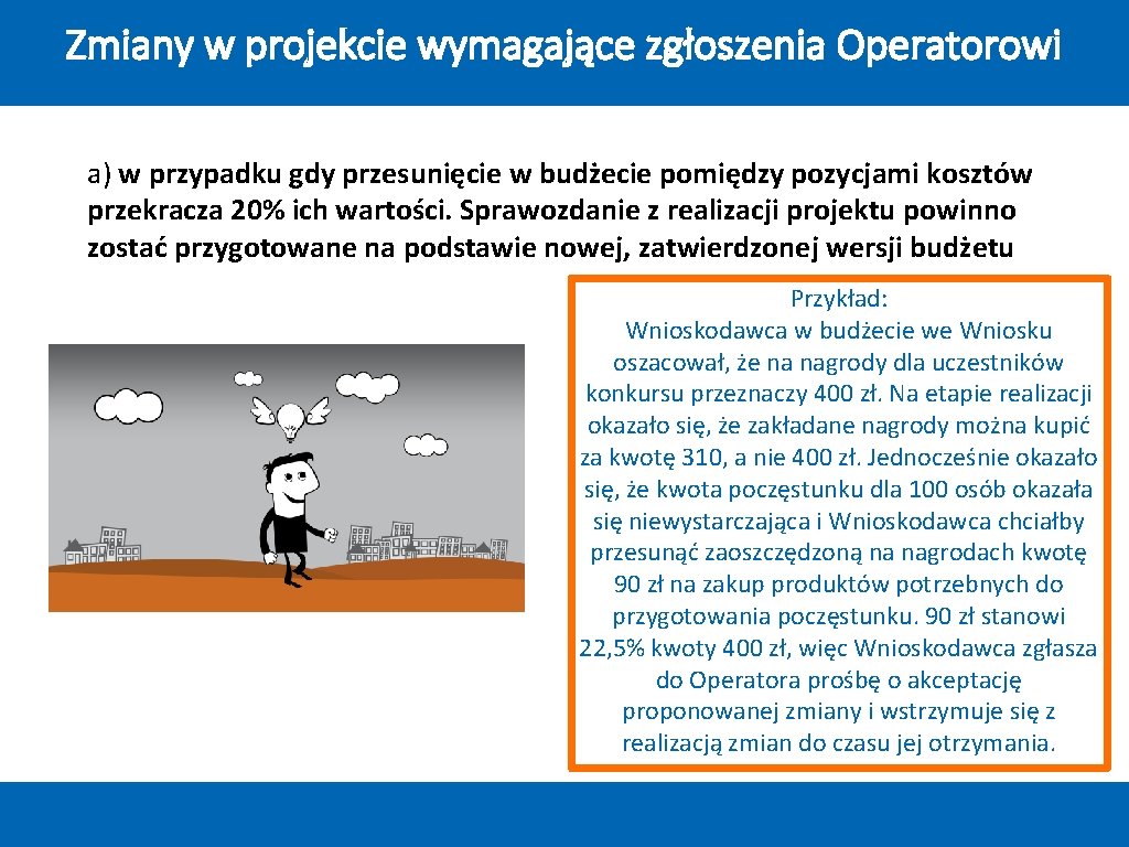 Zmiany w projekcie wymagające zgłoszenia Operatorowi a) w przypadku gdy przesunięcie w budżecie pomiędzy Zmiany w projekcie wymagające zgłoszenia Operatorowi a) w przypadku gdy przesunięcie w budżecie pomiędzy