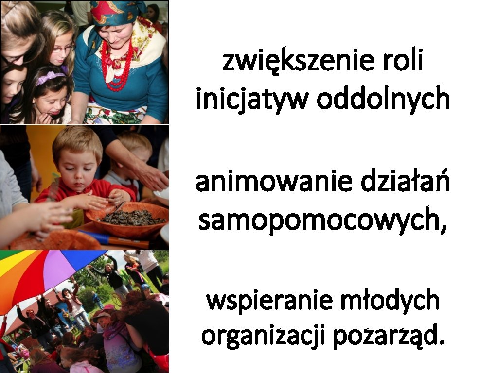 zwiększenie roli inicjatyw oddolnych animowanie działań samopomocowych, wspieranie młodych organizacji pozarząd. zwiększenie roli inicjatyw oddolnych animowanie działań samopomocowych, wspieranie młodych organizacji pozarząd.