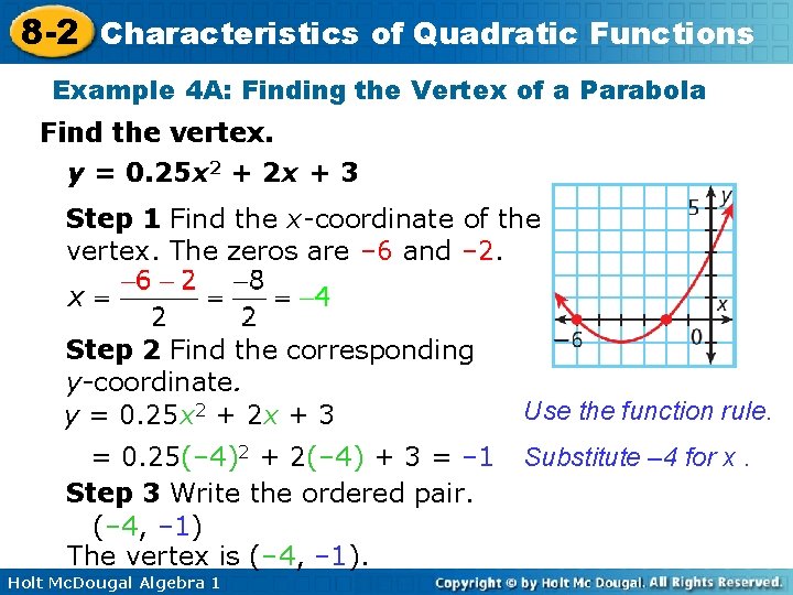 8 -2 Characteristics of Quadratic Functions Example 4 A: Finding the Vertex of a