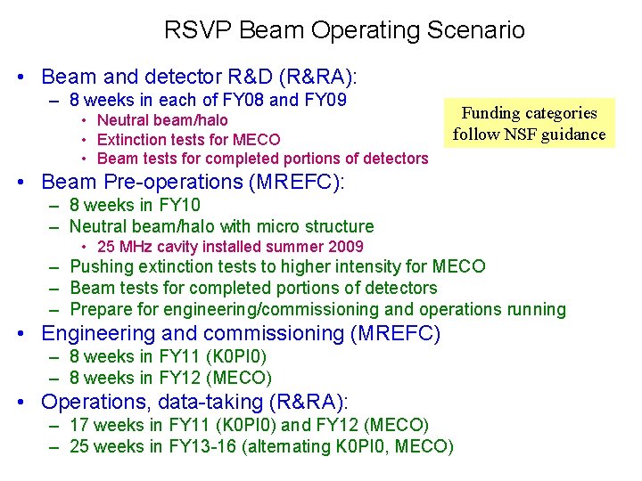 RSVP Beam Operating Scenario • Beam and detector R&D (R&RA): – 8 weeks in