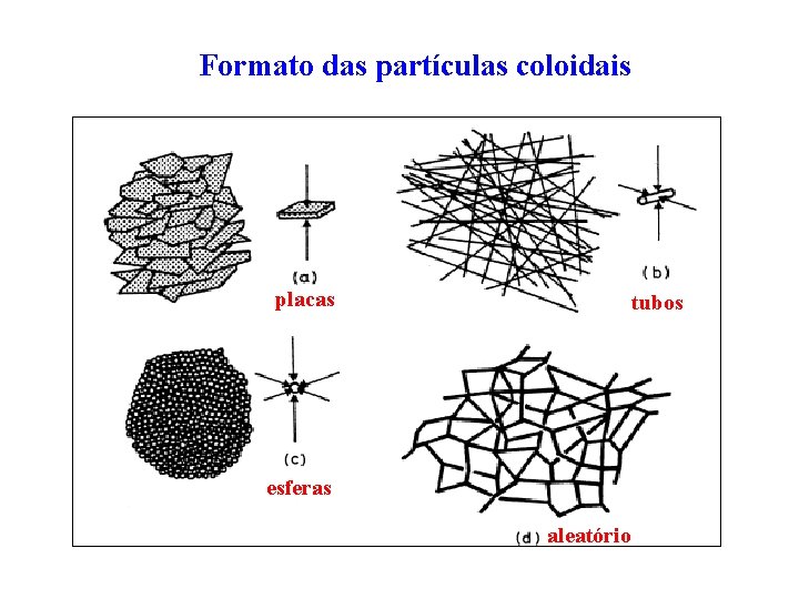 Formato das partículas coloidais placas tubos esferas aleatório 
