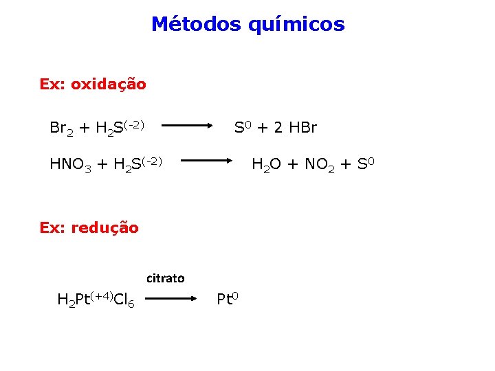 Métodos químicos Ex: oxidação Br 2 + H 2 S(-2) S 0 + 2