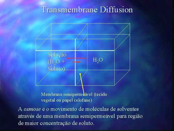 Transmembrane Diffusion Solução (H 2 O + Soluto) H 2 O Membrana semipermeável (tecido