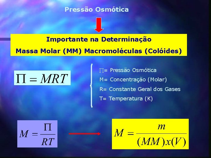 Pressão Osmótica Importante na Determinação Massa Molar (MM) Macromoléculas (Colóides) = Pressão Osmótica M=