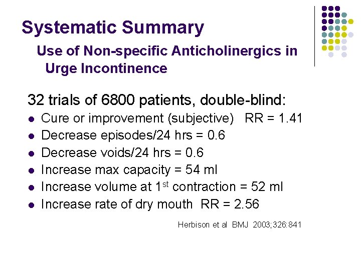 Systematic Summary Use of Non-specific Anticholinergics in Urge Incontinence 32 trials of 6800 patients,