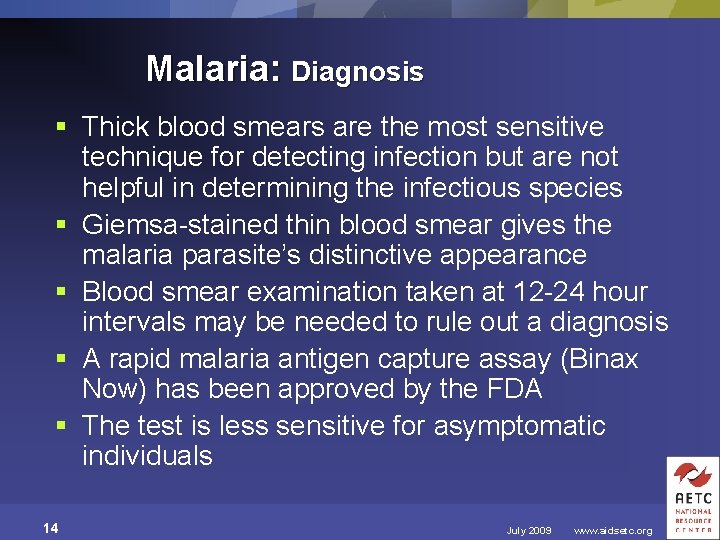 Malaria: Diagnosis § Thick blood smears are the most sensitive technique for detecting infection