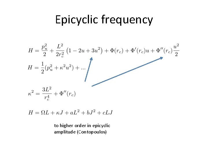 Epicyclic frequency to higher order in epicyclic amplitude (Contopoulos) 