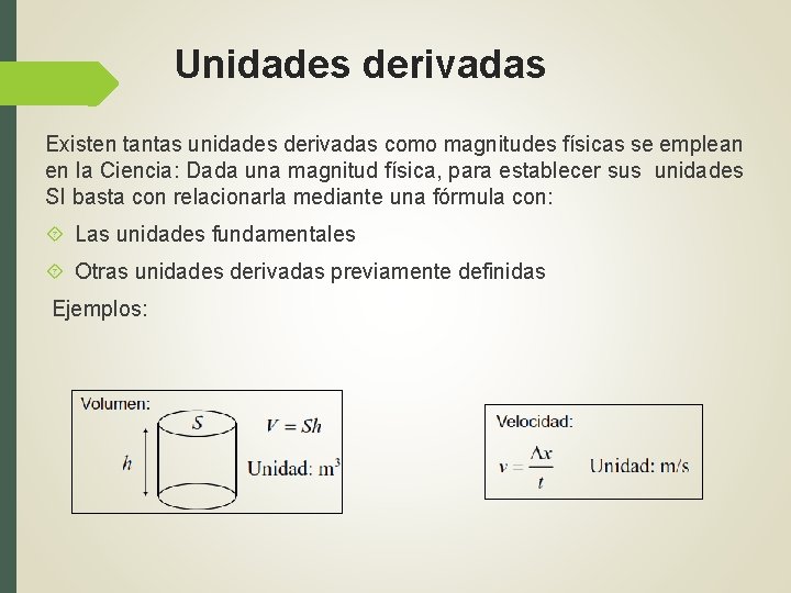 Unidades derivadas Existen tantas unidades derivadas como magnitudes físicas se emplean en la Ciencia: