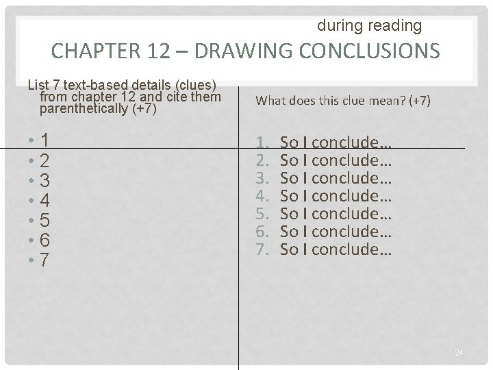 during reading CHAPTER 12 – DRAWING CONCLUSIONS List 7 text-based details (clues) from chapter