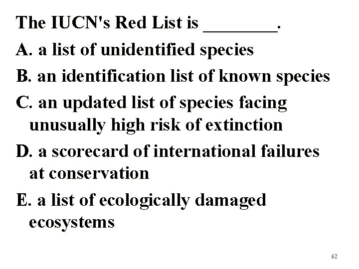 The IUCN's Red List is ____. A. a list of unidentified species B. an